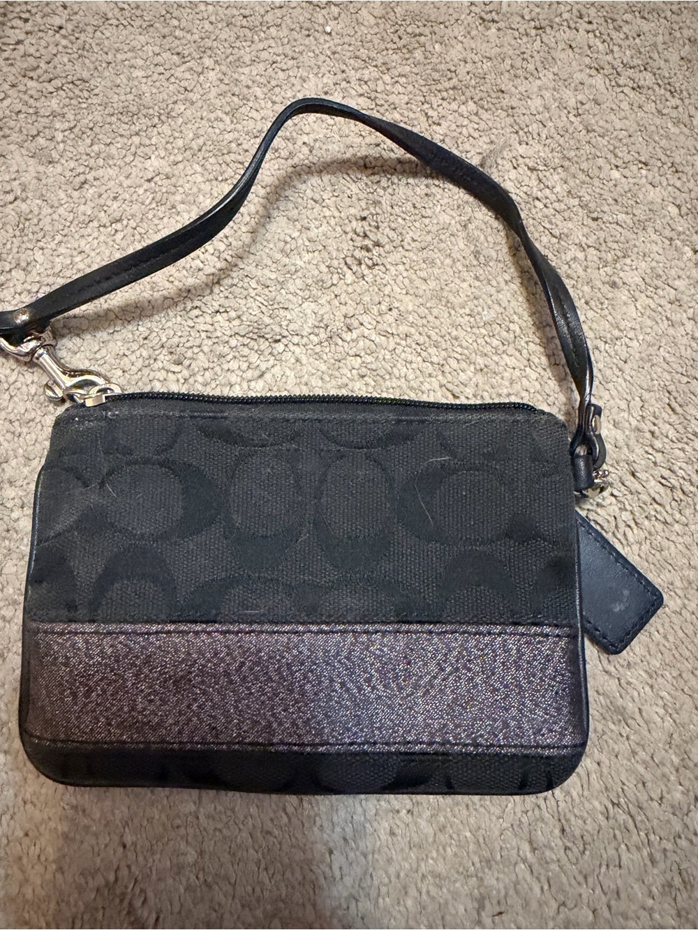 Coach Black Signature Wristlet with Shimmer Stripe